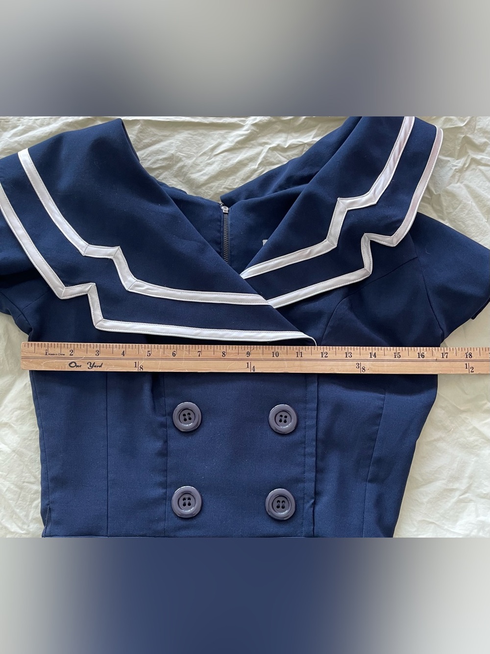 Bettie Page Navy Blue Sailor Captain Wiggle Pencil Dress White Zigzag Trim Sz L - Picture 3 of 4